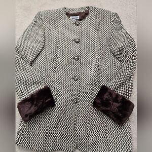 LUISA SPAGNOLI Wool Blend Brown/Beige Houndstooth Coat With Faux Fur Cuffs.Large